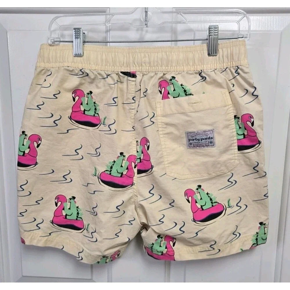 Party Pants River Dino Men's Swim Trunks Board Shorts Yellow Flamingo Small
